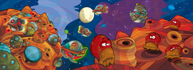Naklejka premium cartoon scene with some funny looking alien flying in ufo vehicle near some planet - white background - illustration for children