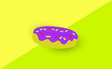 Donut isolated on a yellow background. Cute, colorful and glossy donuts with pink glaze and multicolored powder. Simple modern design. Realistic vector illustration.