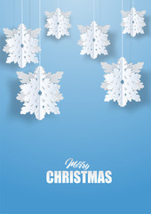 Merry Christmas. Design with paper art style white snowflakes blue background .vector. illustration.