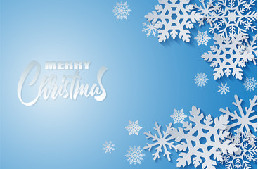 Merry Christmas. Design with paper art style white snowflakes blue background .vector. illustration.