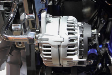 Close up new car alternator on truck motor engine, repair of vehicle electronics - obrazy, fototapety, plakaty