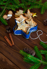 Christmas Cookies With Decorations On Wooden Table.