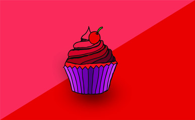 Flat illustration of muffin.Isolated on red background for web and mobile.