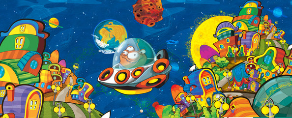 Fototapeta na wymiar cartoon scene with some funny looking alien flying in ufo vehicle near some planet - white background - illustration for children