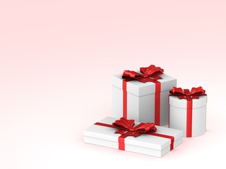 three white boxes with red bow on pink background. Isolated 3D illustration