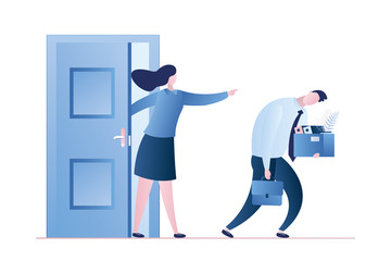 Angry businesswoman dismissed man worker. Woman boss fire male employee.