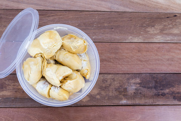 Durian flesh or pulp packed into container for storage