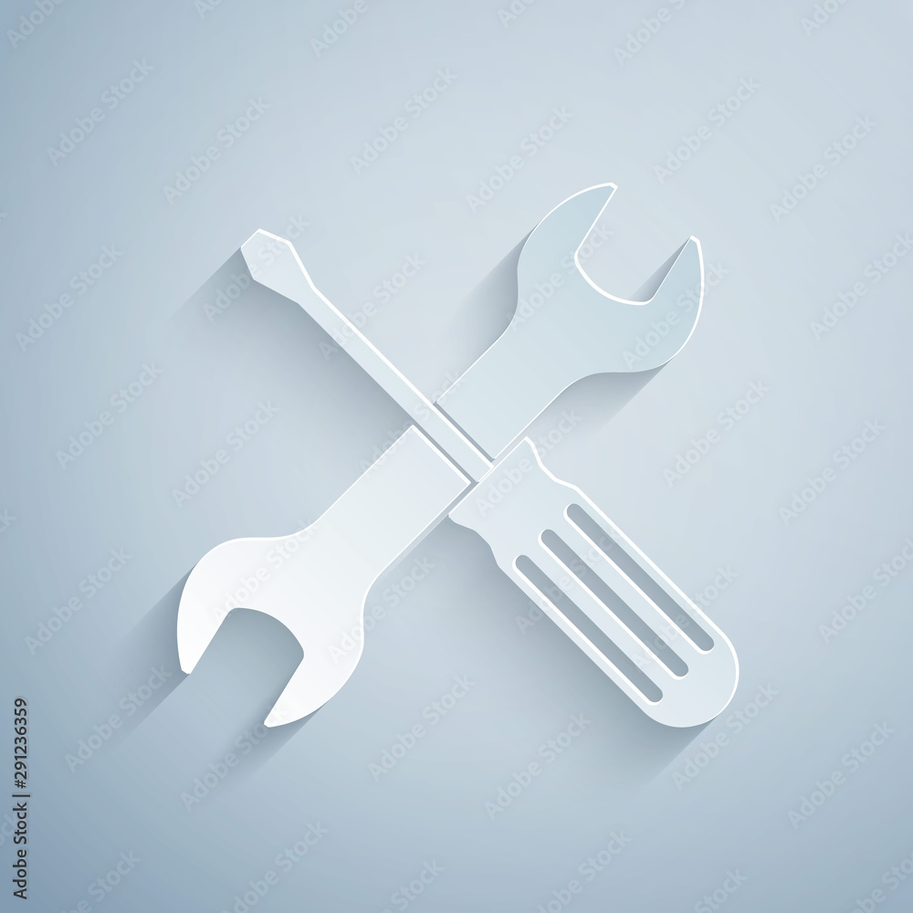 Canvas Prints Paper cut Crossed screwdriver and wrench tools icon isolated on grey background. Service tool symbol. Paper art style. Vector Illustration