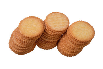 Crackers  light yellow circles attractive to eat.There are three rows combined pile. Isolated on white background.Top view.