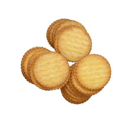 Crackers  light yellow circles attractive to eat.There are three rows combined pile. Isolated on white background.Top view.