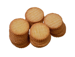 Crackers  light yellow circles attractive to eat.There are 4 rows combined pile. Isolated on white background.Top view.