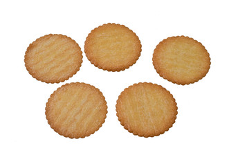 Crackers light yellow circles attractive to eat.There are 6 pieces r.Isolated on white background.Top view.