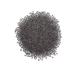 Black sesame seeds spread isolated on white background.Scientific name is Sesamum orientale L.Herb.top view.