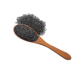 Black sesame seeds in wooden spoon and spread isolated on white background.Scientific name is Sesamum orientale L.Herb.Top view.