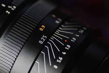old manual photographic lens with the evident scale of the distance and the aperture