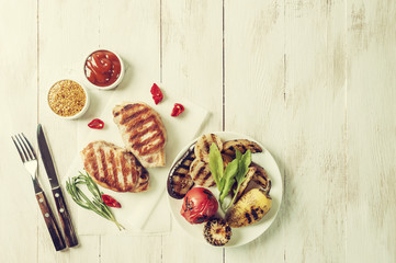 Fried pork fillet and grilled vegetables