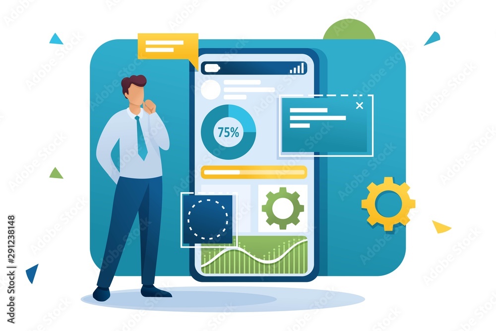 Poster young man works on a mobile application for data collection and analysis. flat 2d character. concept