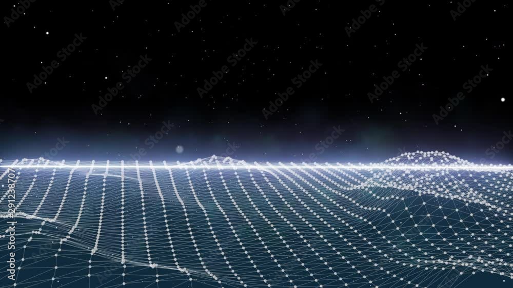 Poster wireframe landscape magic technology 4k in galaxy nebula cyber scifi motion. 3d futuristic abstract 