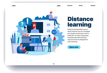 Web page flat design template for distance learning. Business landing page online education decorated people character. Modern vector illustration concept for website and mobile website development