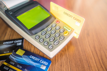 Many credit cards are used in the shop. Shopping and retail concepts.Credit card image format For use Public relations media.soft focus.