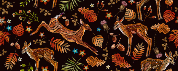 Embroidery, deers and autumn leaves horizontal seamless pattern. Classical september forest art. Fashionable template for design of clothes
