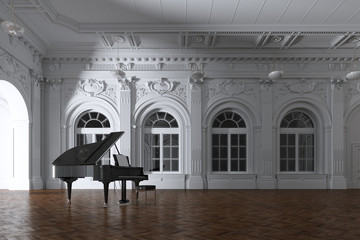 3d render of light in empty classic concert room with grand piano through the opened door