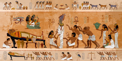 Ancient Egypt. Mummification process. Concept of a next world. Pharaoh sarcophagus. Egyptian gods, mythology. Hieroglyphic carvings. History wall painting, tomb King Tutankhamun