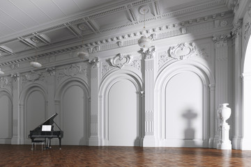 grand piano in white classic music interior 3d render