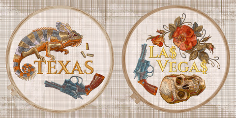 Embroidery collection. Wild West concept. Human skull,  gun, roses and chameleon. Texas, Las Vegas slogan. Template tambour frame with a canvas, elements from stitches. Art for clothes