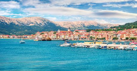 Fototapeta na wymiar Splendid morning cityscape of Bashka town. Colorful summer seascape of Adriatic sea, Krk island, Kvarner bay archipelago, Croatia, Europe. Beautiful world of Mediterranean countries.