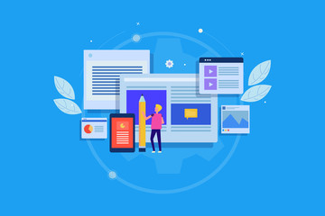 Web content development, content research, writing, editing, publication and digital marketing concept. Flat banner with character holding pencil.