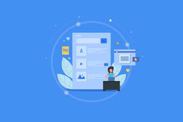 Content experience, content plan and structure, customer engagement with content, digital marketing, advertising, blogging, social media technology concept. Flat banner and character.