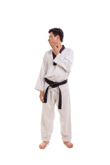 Male martial artist neck stretch sideways, full body