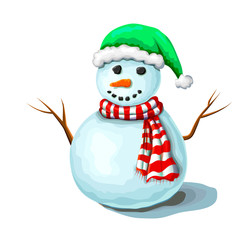 illustration of vector Christmas snowman isolated on white background. Cute smiling snowman wearing green santa hat and red striped scarf. xmas or winter symbol. hand drawn cartoon frosty character