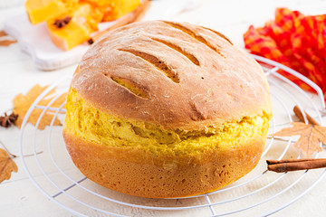 Fresh homemade pumpkin bread and pumpkin slices.