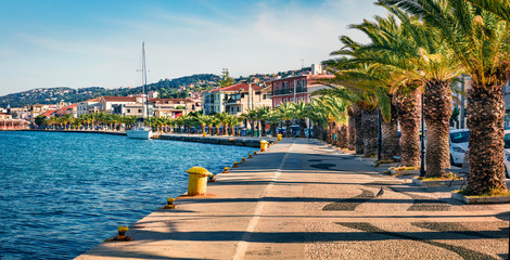 Panoramic spring cityscape of Argostoli port. Colorful morning scene of Kefalonia island, Greece,...