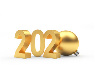 Golden number 2020 New Year and Christmas ball isolated on a white. 3D illustration