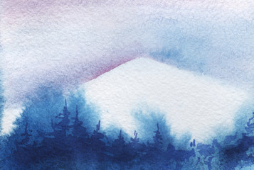 Abstract watercolor landscape. Silhouette of a white snowy mountain against a light sky. The wall is a form of fir forest. Winter season. Gradient sky. Hand drawn watercolor illustration