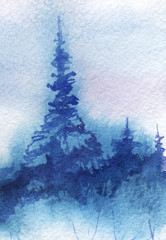 Abstract watercolor landscape. Dark blue Christmas tree top silhouette shape. On a gradient background, a picture in blue tones. Hand-drawn illustration on texture paper