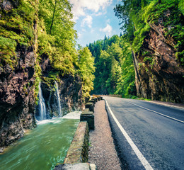 Spectacular summer view of Bicaz Canyon ( Cheile Bicazului ). Impressive morning scene of Harghita...