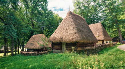 Fototapeta na wymiar Picturesque summer view of traditional romanian peasant houses. Splendid rural scene of Transylvania, Romania, Europe. Beauty of countryside concept background.