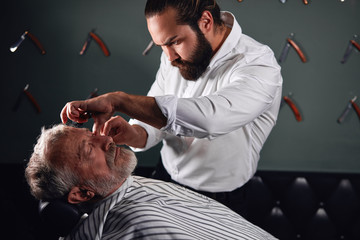 experienced stylist doing his best, close up side view photo. barbing industry