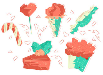 Delicious flat drawn sweets. Isolated on white