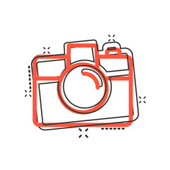 Camera device sign icon in comic style. Photography vector cartoon illustration on white isolated background. Cam equipment business concept splash effect.