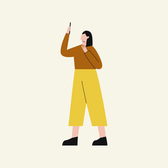 Woman taking selfie with mobile phone. Concept of social network relationship. Woaman chatting via Internet on smartphone. Flat vector illustration.