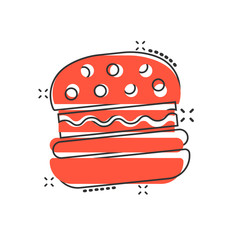 Burger sign icon in comic style. Hamburger vector cartoon illustration on white isolated background. Cheeseburger business concept splash effect.