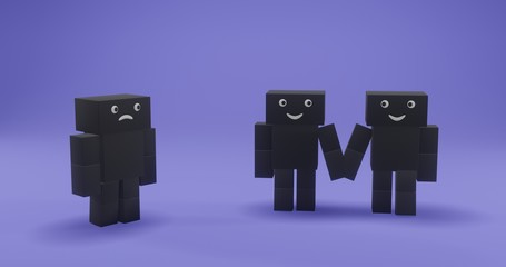 A single person looking at couple with envy expression. 3D illustration human cubes in blue background.