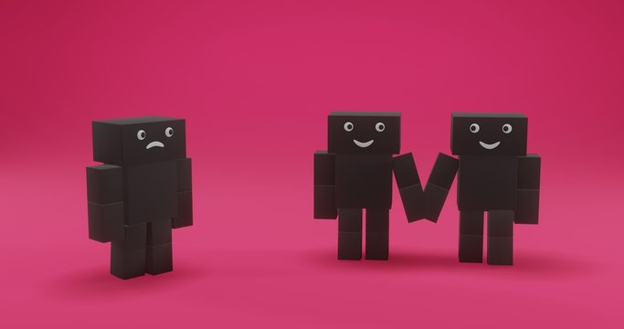 A single person looking at couple with envy expression. 3D illustration human cubes in pink background.
