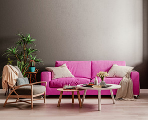 Dark mock up wall with violet purple sofa, two tables and a chair in modern interior background,...