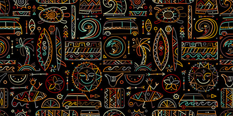 Surfing seamless pattern. Tribal elements for your design